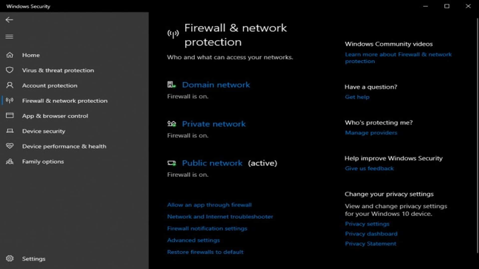 firewall and network protection settings