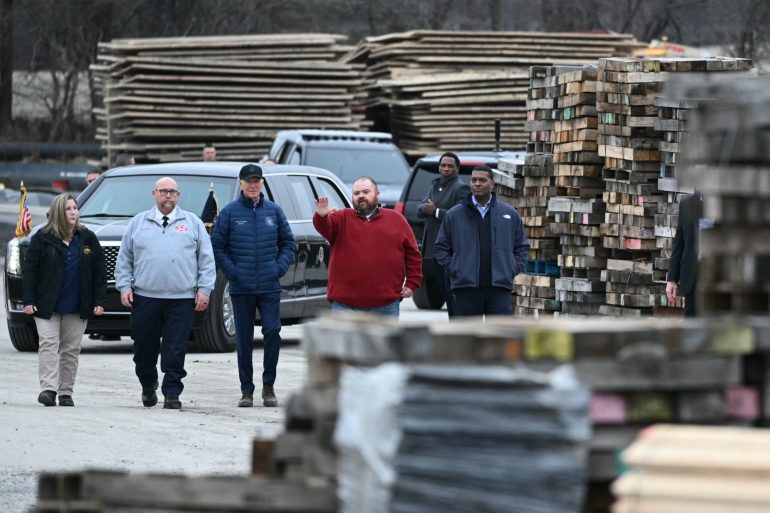 US President visits the Ohio train derailment incident site one year after (Credits: Bloomberg)