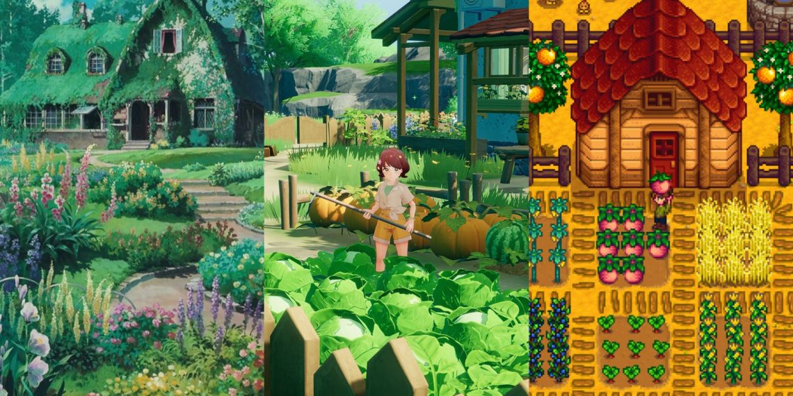 A Still for the classic "Studio Ghibli" Scenery (Left), A Still from "Starsand Island" (Middle), A Still from the game "Stardew Valley" (Right)